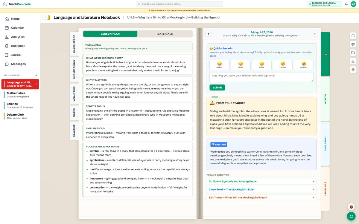The student notebook: lesson plan pages on the left, mood check-in and today's activities on the right.