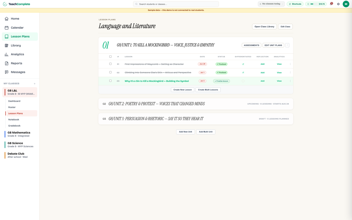 The teacher view: the unit's lesson plans table with finalized lessons and AI-graded statuses.